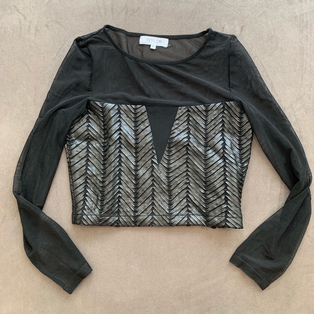 WYLDER black mesh crop top with faux leather